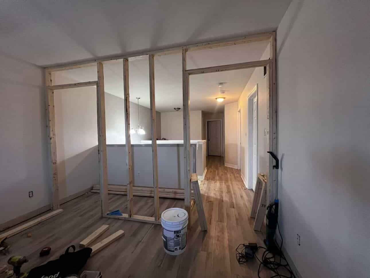 Interior wall framing and construction in progress